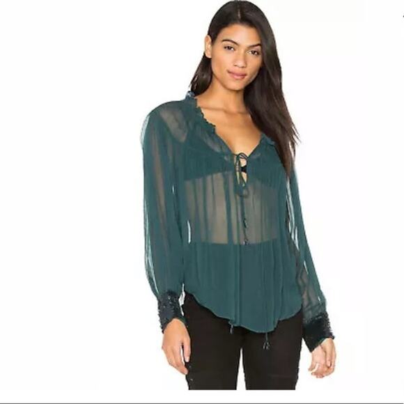 Free People Blouse Teal Green Sheer Sequin Cuff Lightweight Top Size Small - Picture 1 of 7
